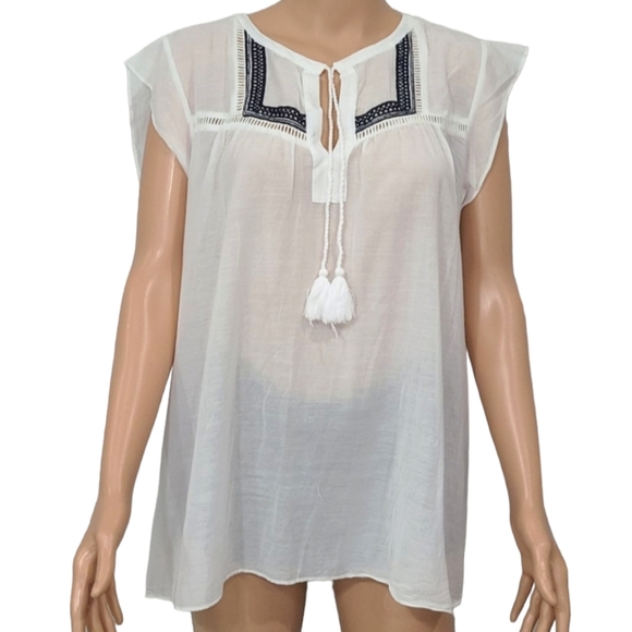 LOFT Embroidered Blouse White Short Cap‎ Sleeves XL - Picture 1 of 10
